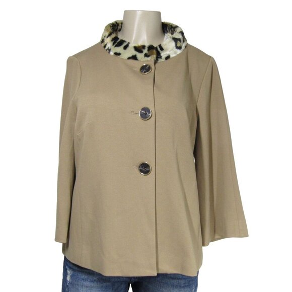 CHICOS Camel Tan LEOPARD Animal Print Faux fur Collar Retro Swing Jacket 1 M 8 - Picture 1 of 14